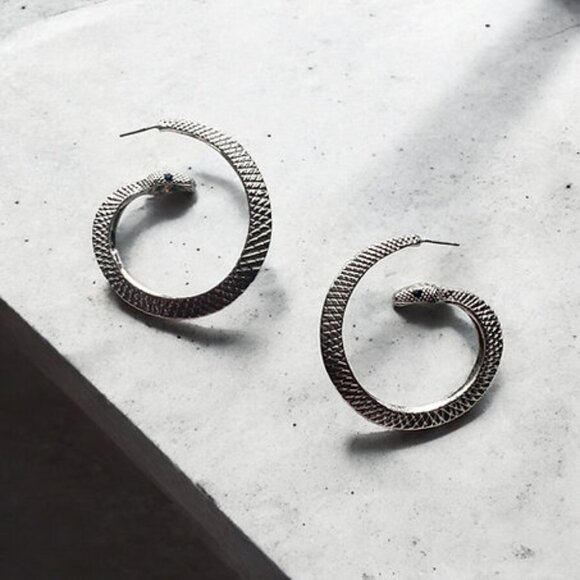 Chunky large Spiral Snake Hoop Earrings, silver tone - Picture 4 of 13